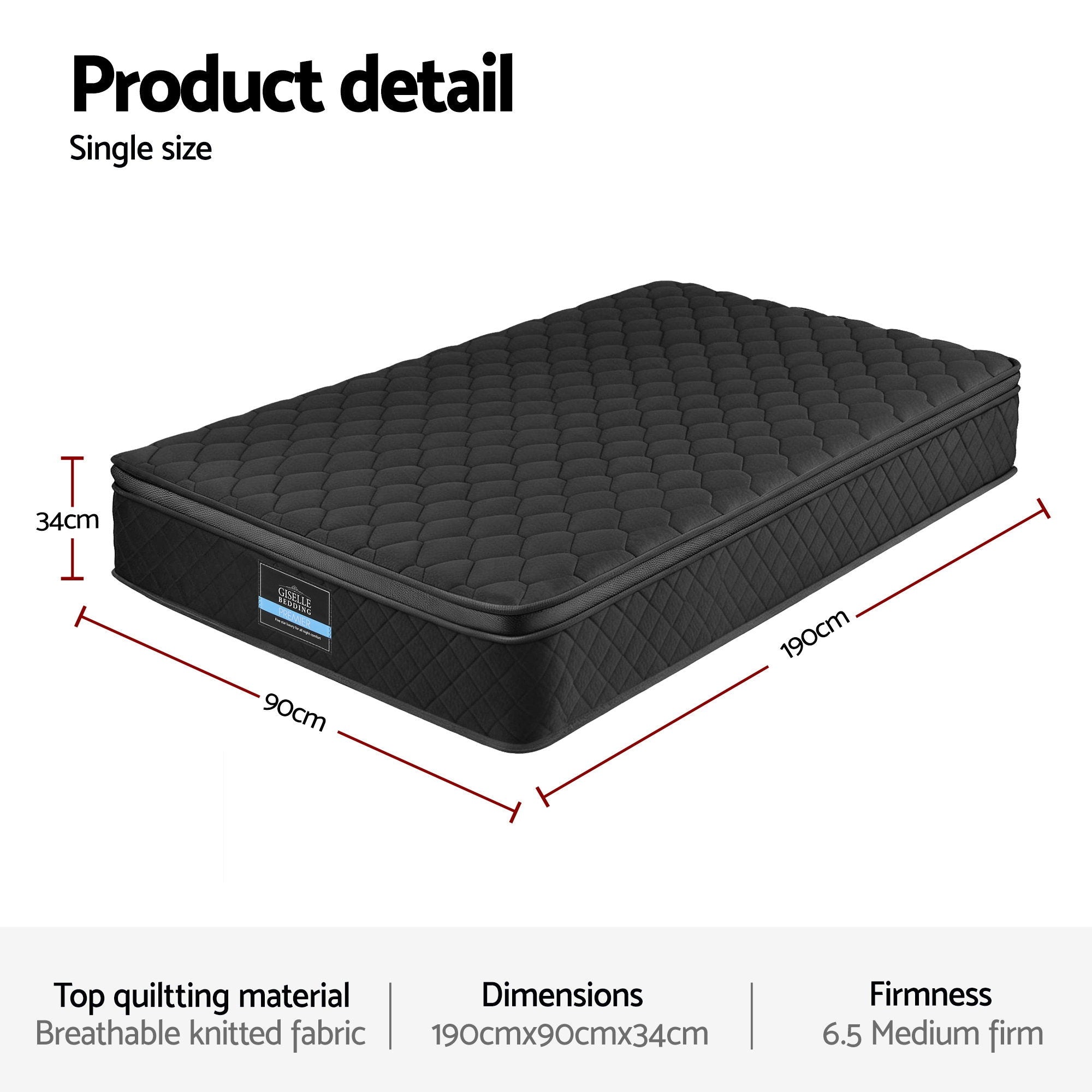 Mattress 34cm 5-Zone Pocket Spring Egg-crate Memory Foam Single in black with quilted breathable fabric and dimensions shown