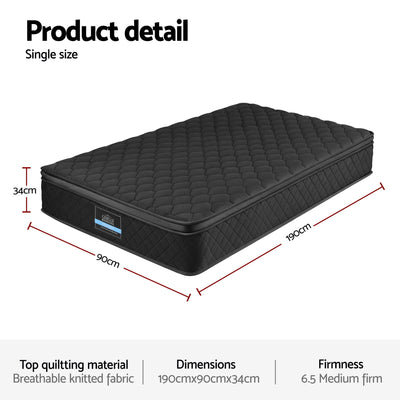 Mattress 34cm 5-Zone Pocket Spring Egg-crate Memory Foam Single in black with quilted breathable fabric and dimensions shown