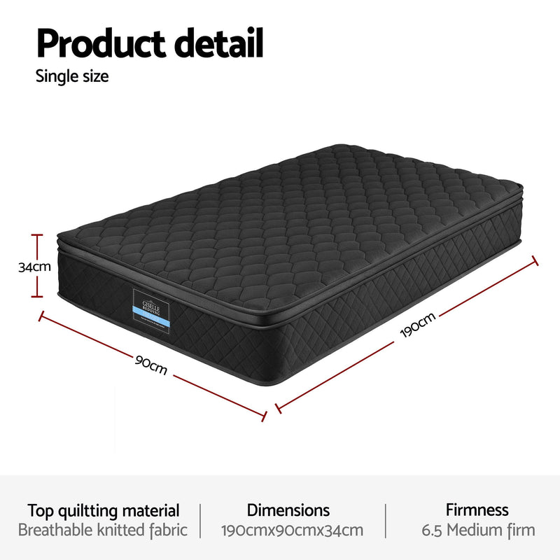 Mattress 34cm 5-Zone Pocket Spring Egg-crate Memory Foam Single in black with quilted breathable fabric and dimensions shown