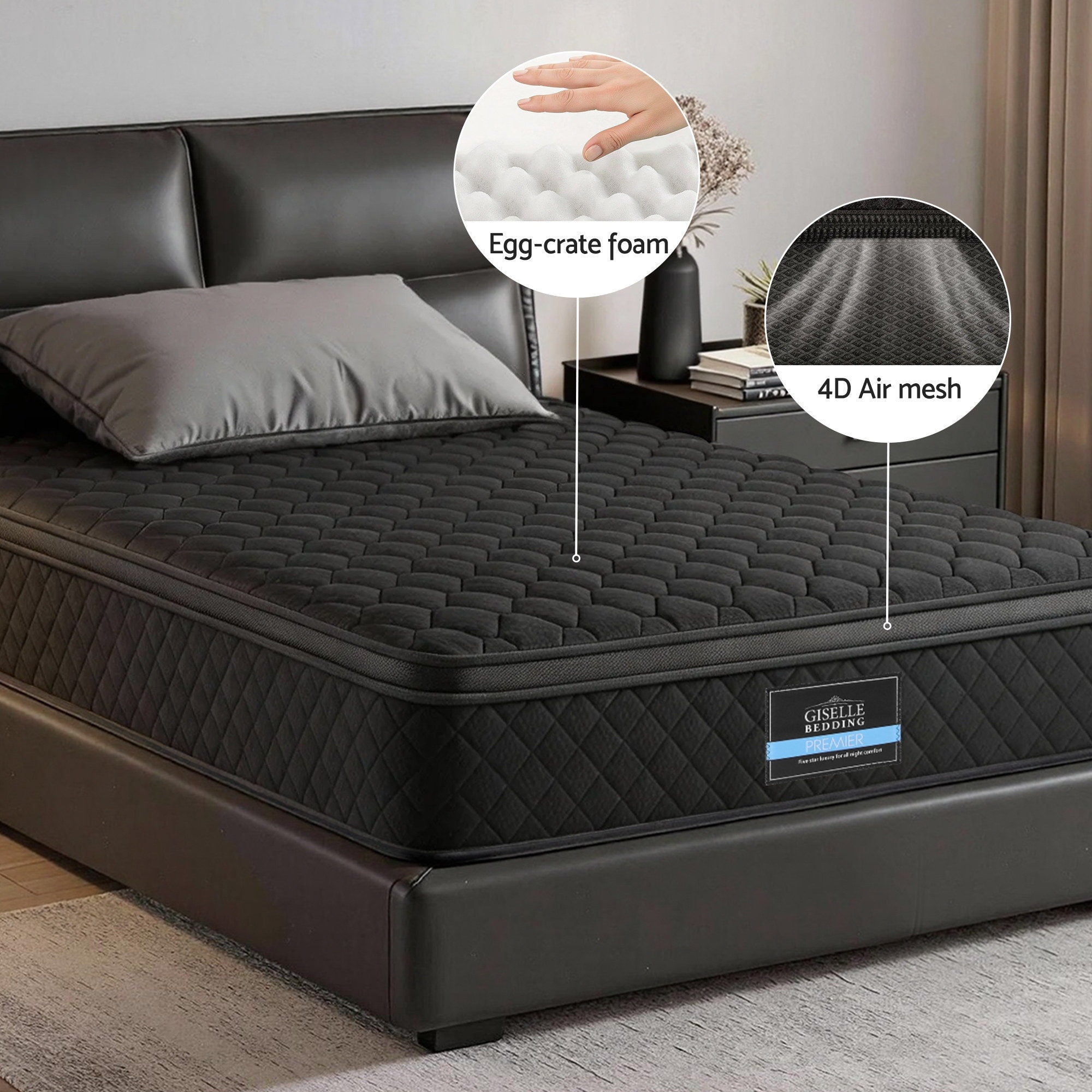Mattress 34cm 5-Zone Pocket Spring Egg-crate Memory Foam Single with black quilted cover on bed frame in bedroom setting