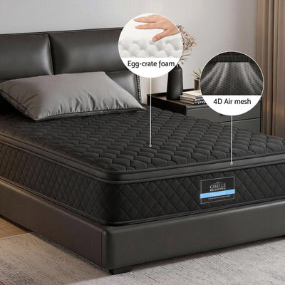 Mattress 34cm 5-Zone Pocket Spring Egg-crate Memory Foam Single with black quilted cover on bed frame in bedroom setting