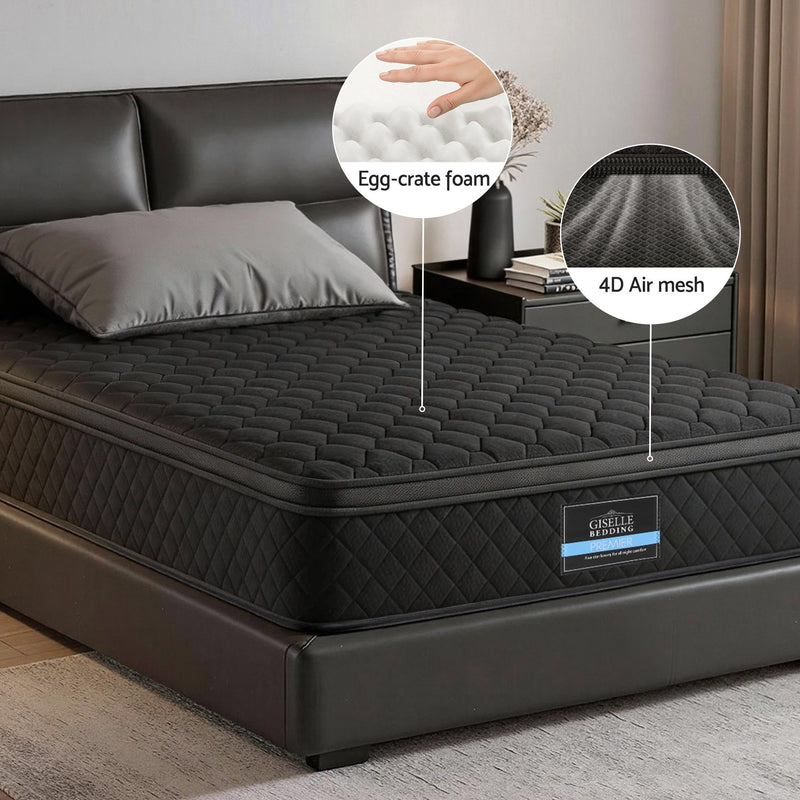 Mattress 34cm 5-Zone Pocket Spring Egg-crate Memory Foam Single with black quilted cover on bed frame in bedroom setting