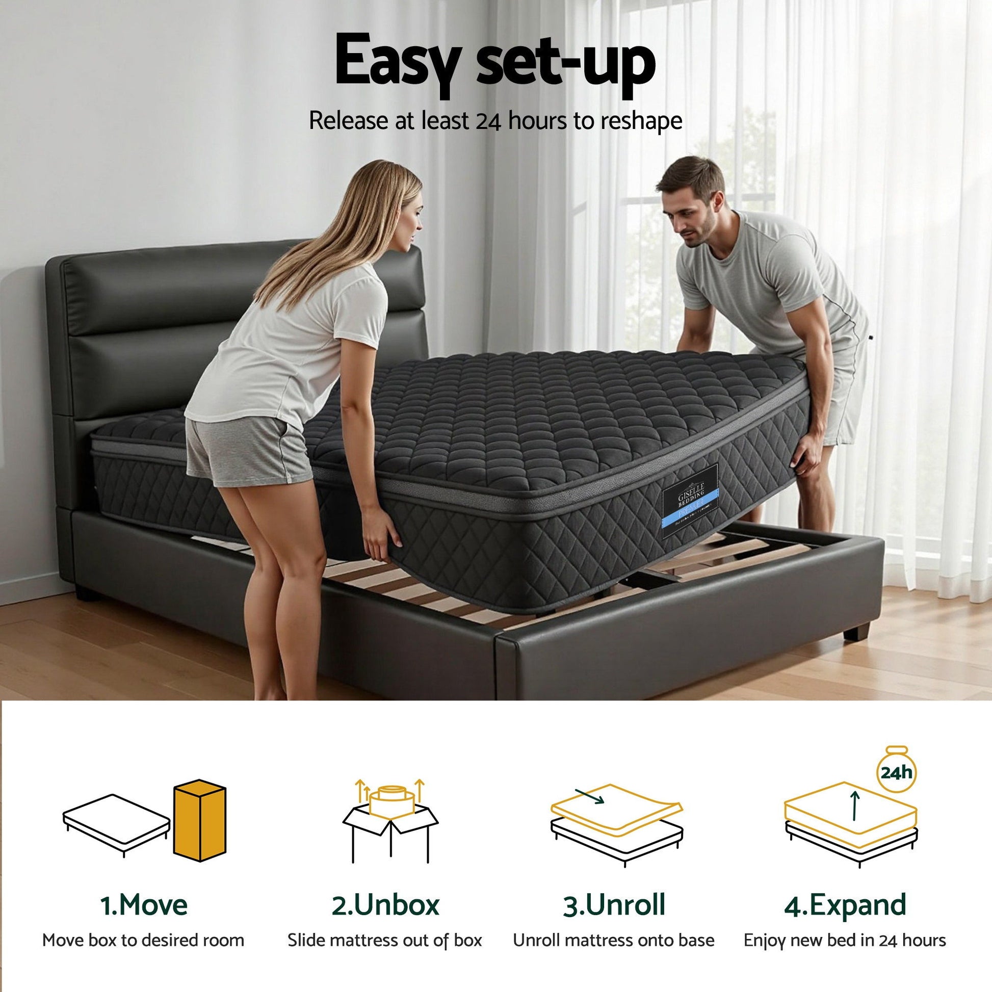Couple lifting a Mattress 34cm 5-Zone Pocket Spring Egg-crate Memory Foam Single onto bed frame with easy setup steps shown