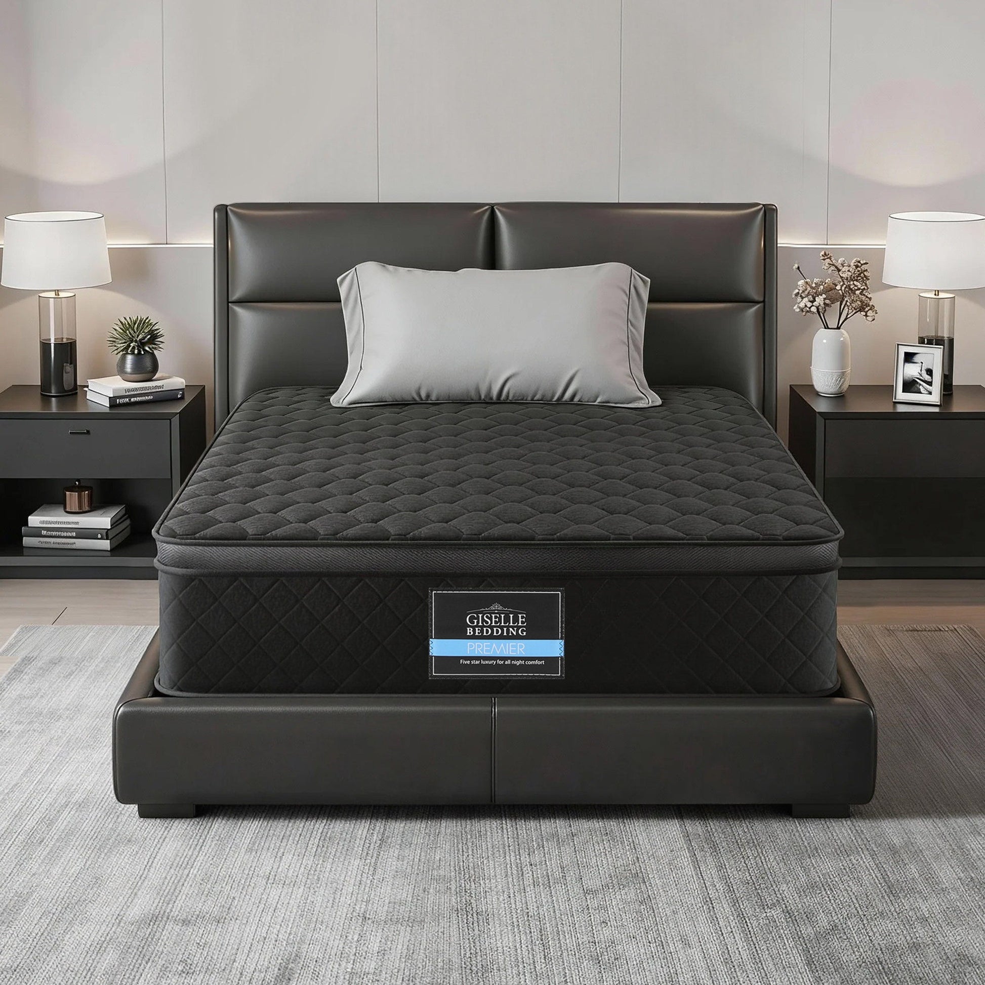 Mattress 34cm 5-Zone Pocket Spring Egg-crate Memory Foam Single on black upholstered bed frame with gray pillow and nightstands