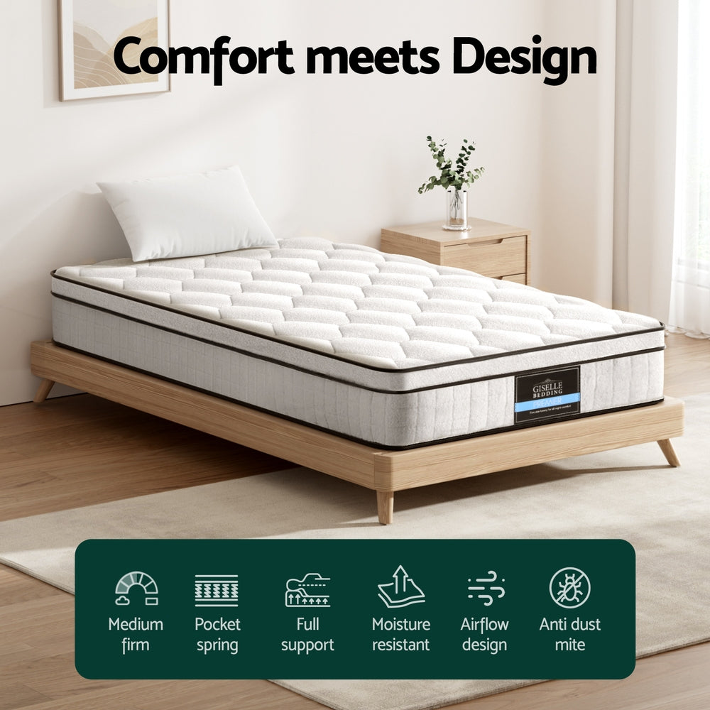Elysium Series Euro Top Mattress 22cm Thick - King Single on wooden bed frame in bright bedroom setting