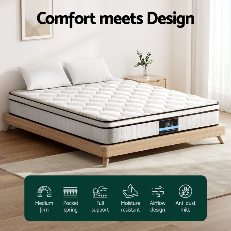 Elysium Series Euro Top Mattress 22cm Thick - Queen on wooden bed frame in modern bedroom setting