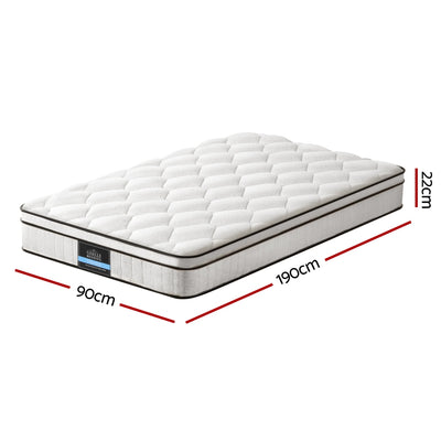 Elysium Series Euro Top Mattress 22cm Thick - Single with quilted surface in white, shown with dimension markings