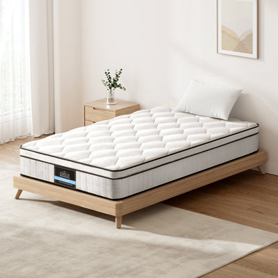 Elysium Series Euro Top Mattress 22cm Thick - Single on wooden bed frame in bright minimalist bedroom setting