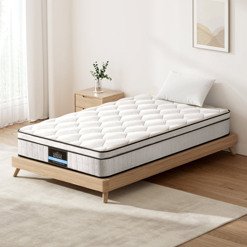 Elysium Series Euro Top Mattress 22cm Thick - Single on wooden bed frame in bright minimalist bedroom setting