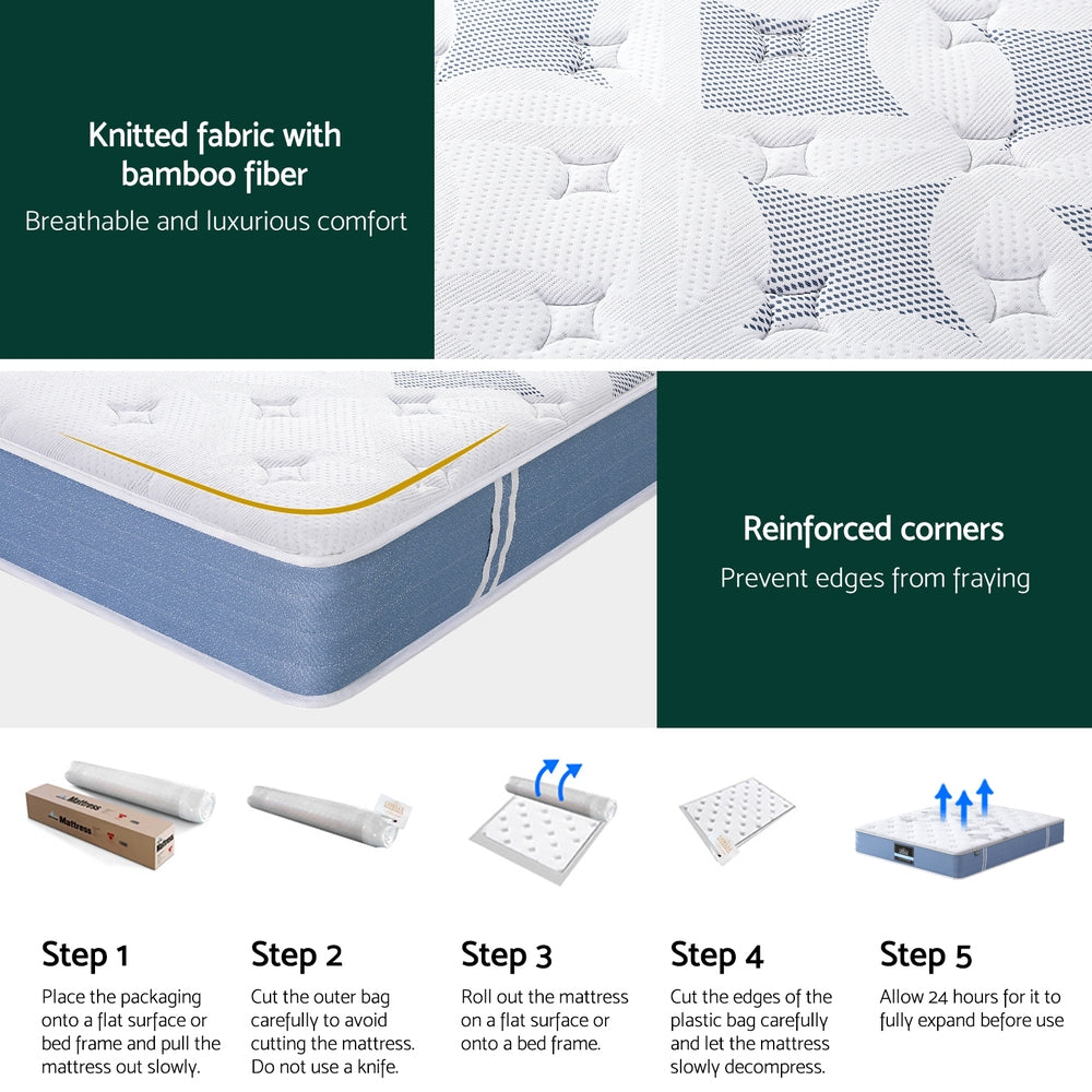 Snow Series Euro Top Bamboo Fibre Mattress 25cm Thick - King with knitted bamboo fabric and reinforced corners shown with unpacking steps