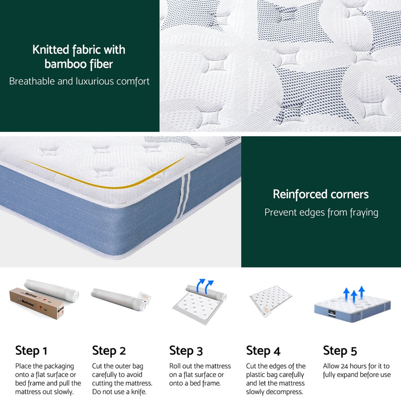Snow Series Euro Top Bamboo Fibre Mattress 25cm Thick - King with knitted bamboo fabric and reinforced corners shown with unpacking steps