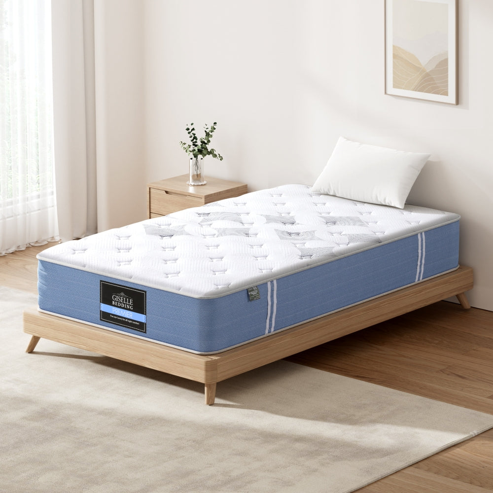 Snow Series Euro Top Bamboo Fibre Mattress 25cm Thick - Single on wooden bed frame with white pillow in minimalist bedroom
