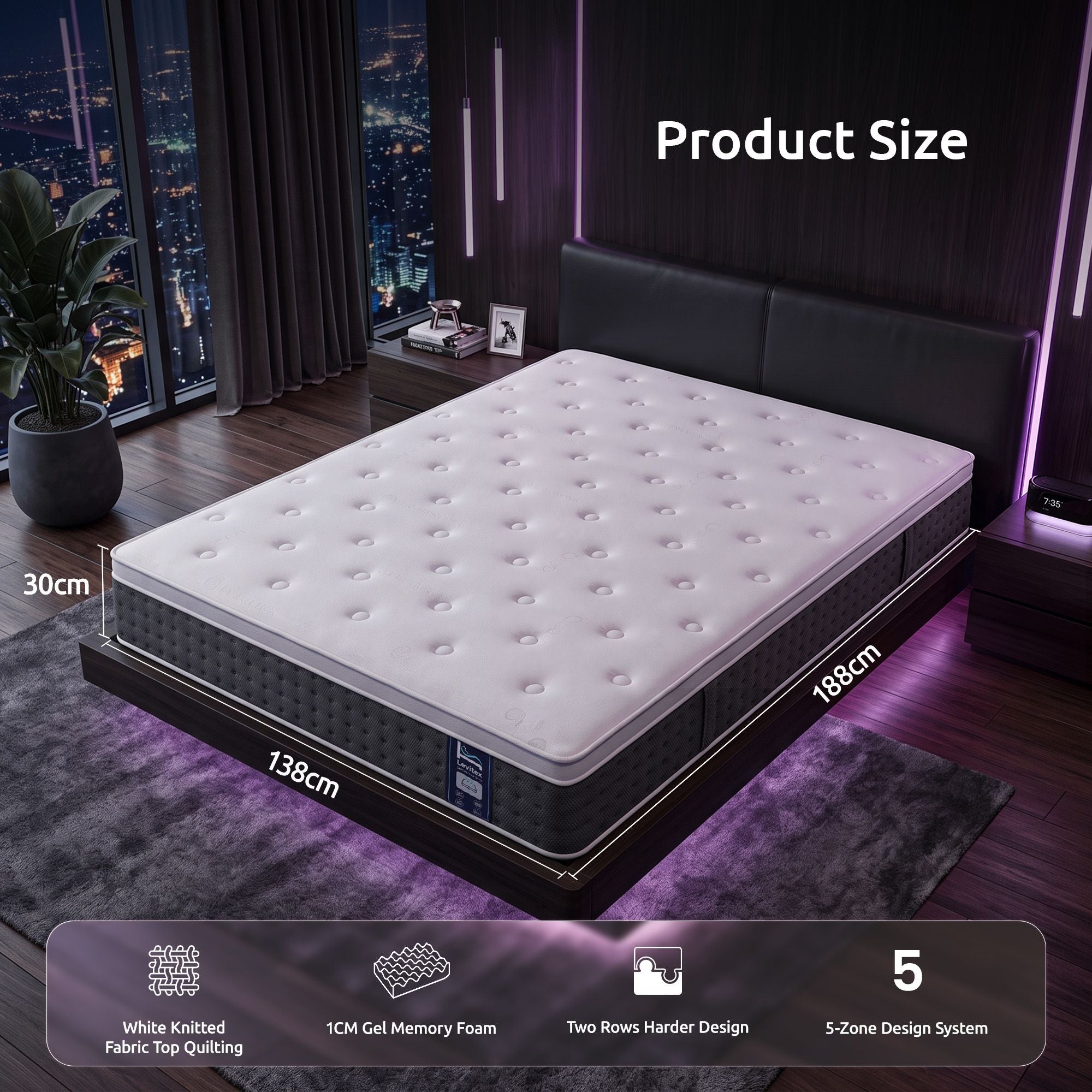 Double Mattress with 5-Zone Pocket Springs, Lumbar Support & Cooling Gel Memory Foam - White
