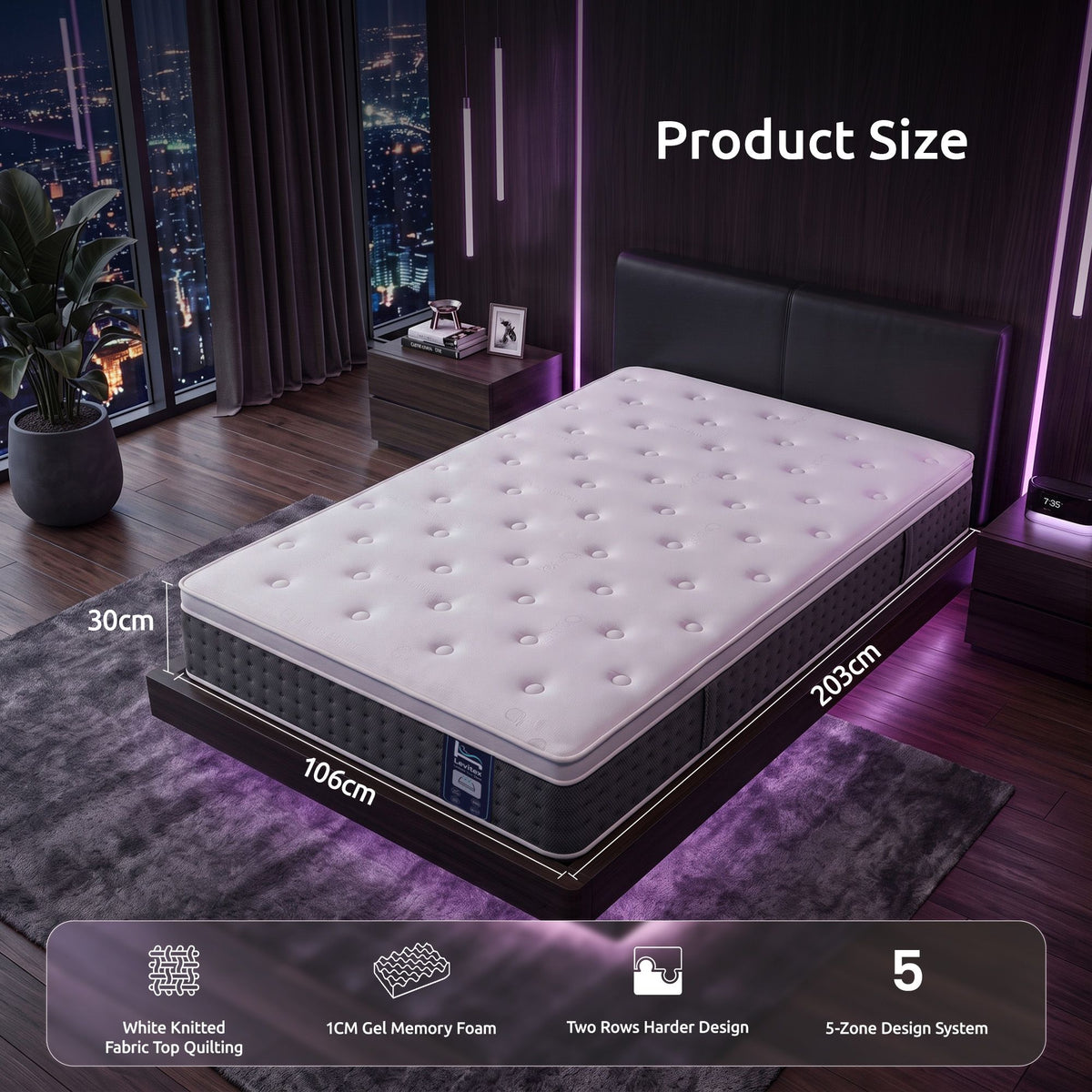 King Single Mattress with Lumbar Support, 5-Zone Pocket Springs & Cooling Gel Memory Foam - White