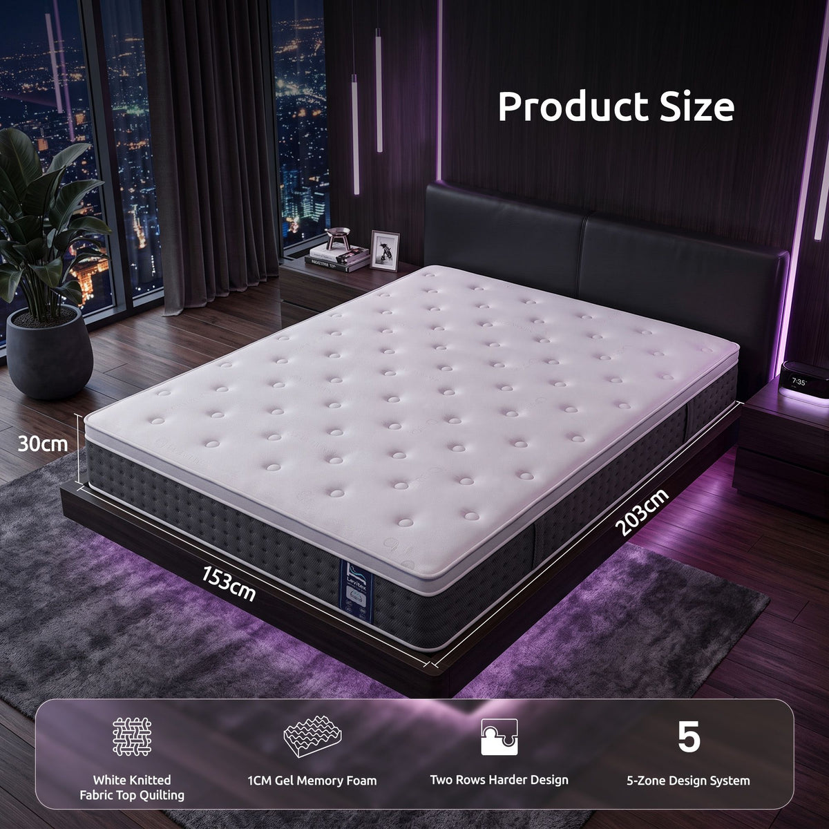 Queen 5-Zone Pocket Spring Mattress with Lumbar Support, Cooling Gel Memory & Egg-Crate Foam, Dual-Row Hardened Edges - White