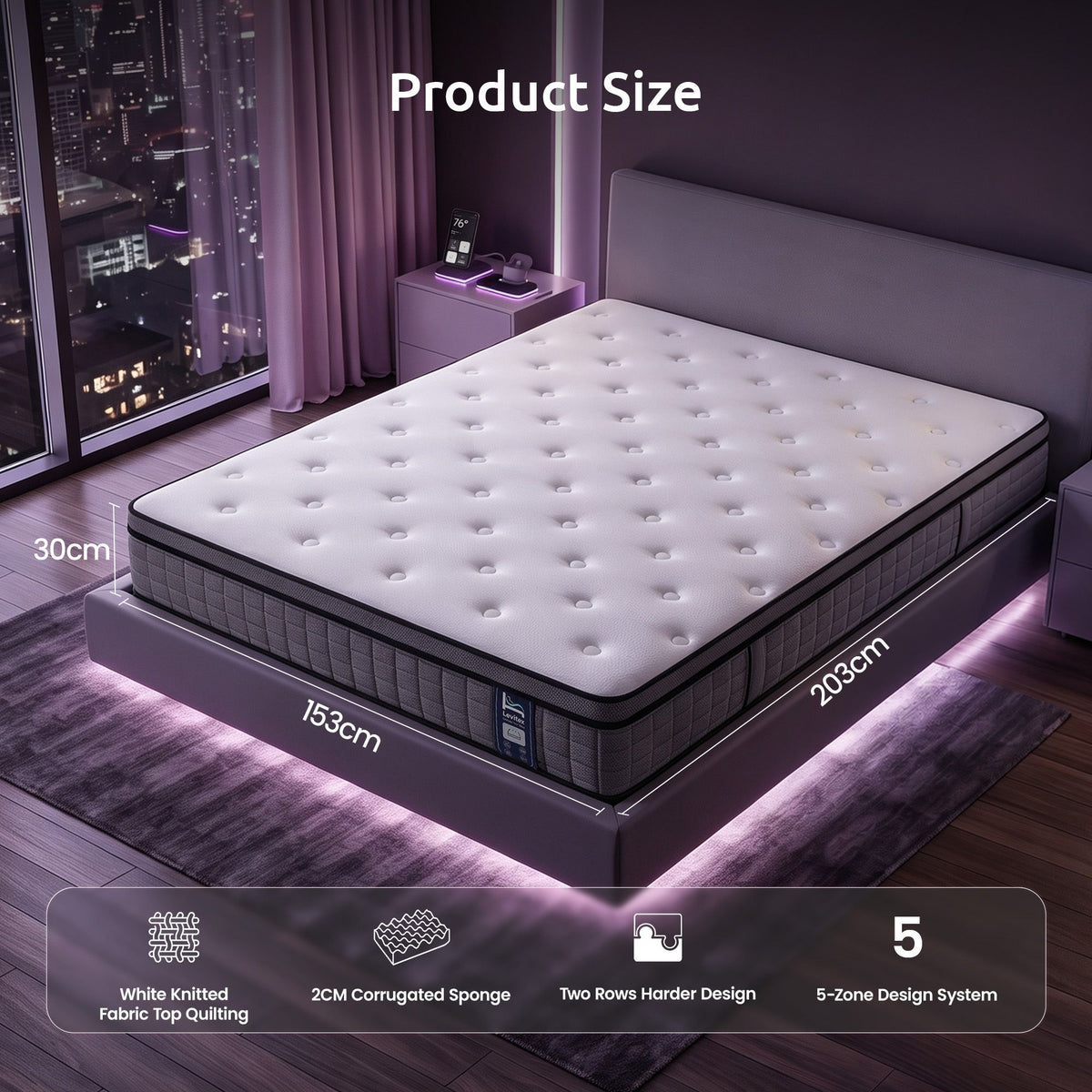 Queen 30cm Medium Firm 5-Zone Pocket Spring Mattress with Edge Support - White