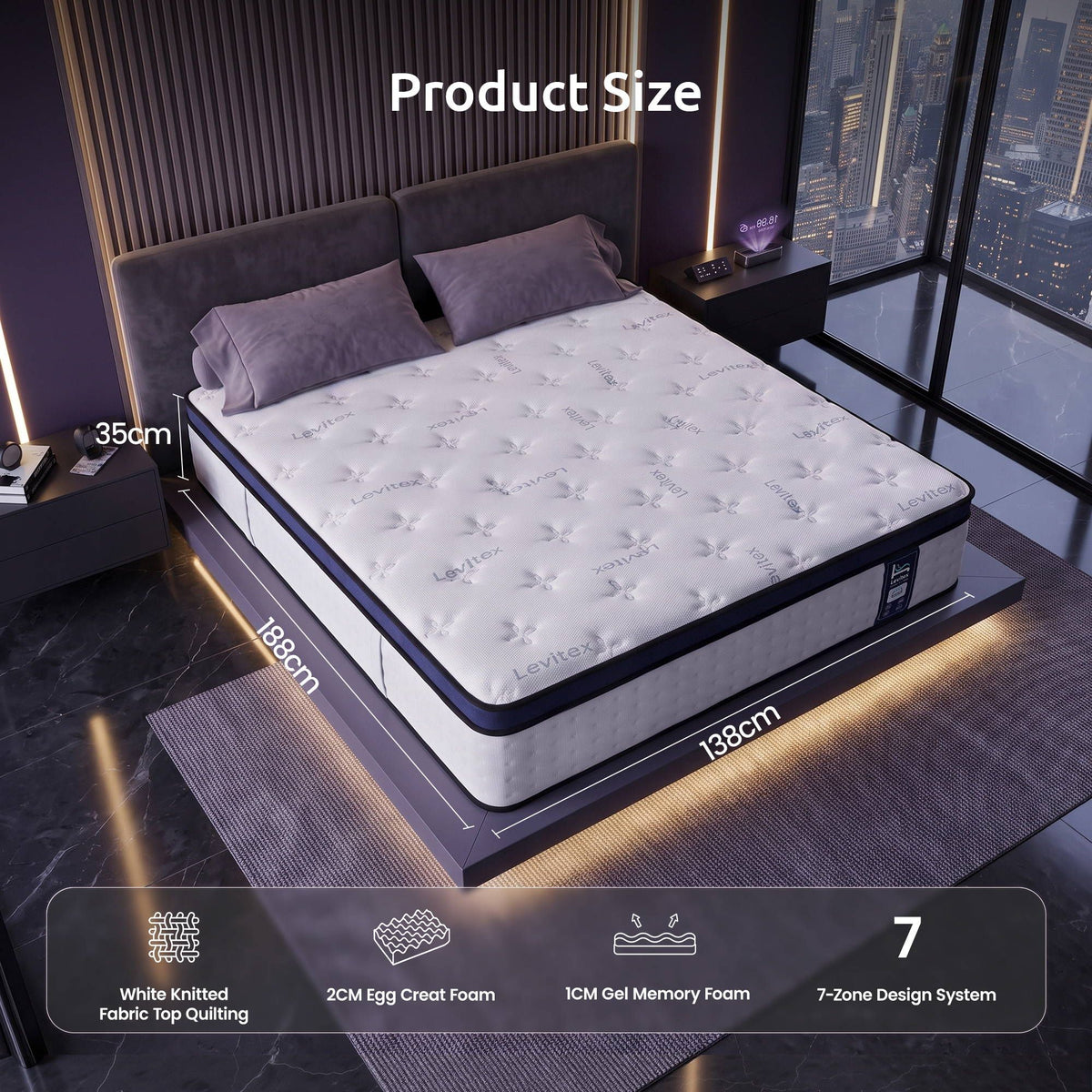 35cm Double Gel Memory Foam Mattress with 7-Zone Pocket Springs and Triple Cooling System - White