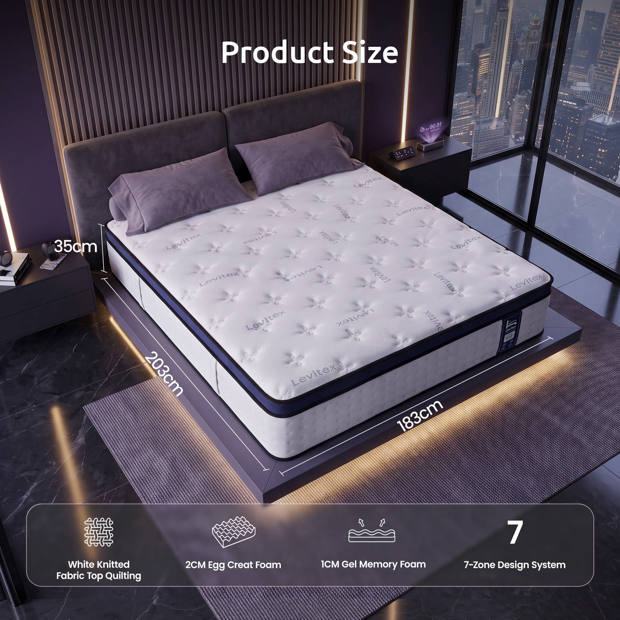 35CM King Gel Memory Foam Mattress with 7-Zone Pocket Spring and Triple Cooling System - White