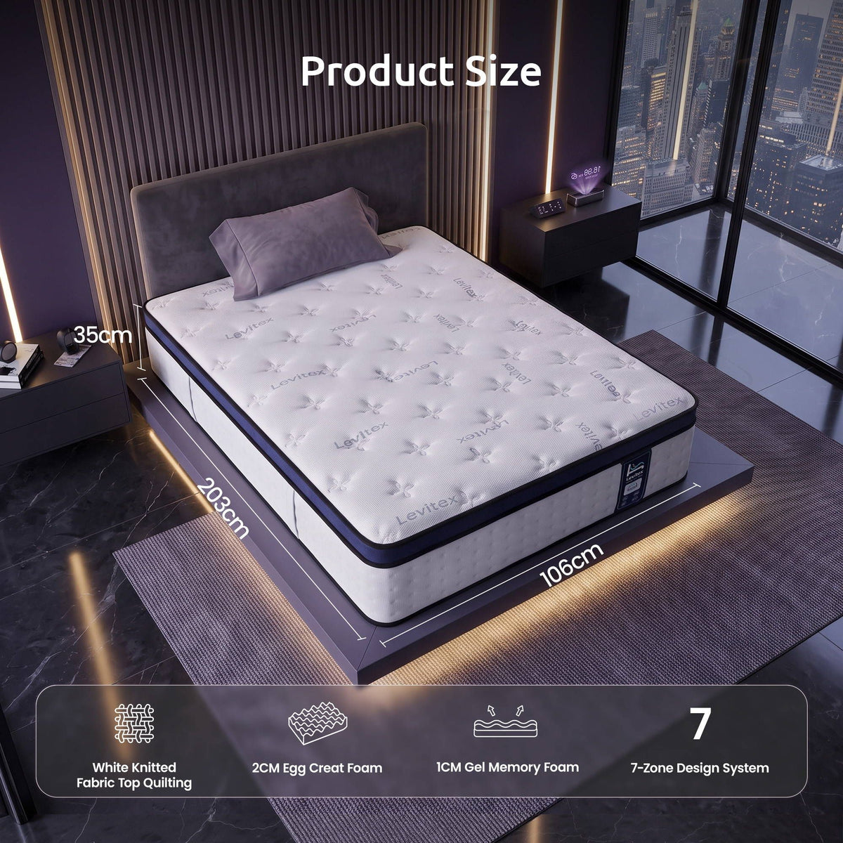 35CM King Single Gel Memory Foam Mattress with 7-Zone Pocket Springs and Triple Cooling System - White