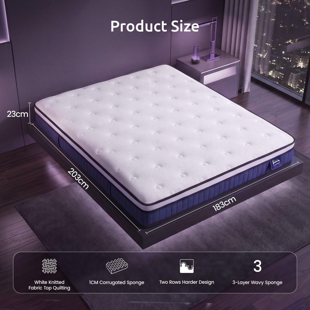 King 23cm Pocket Spring Mattress with Cooling Gel Foam, Medium-Firm Full-Body Support - White