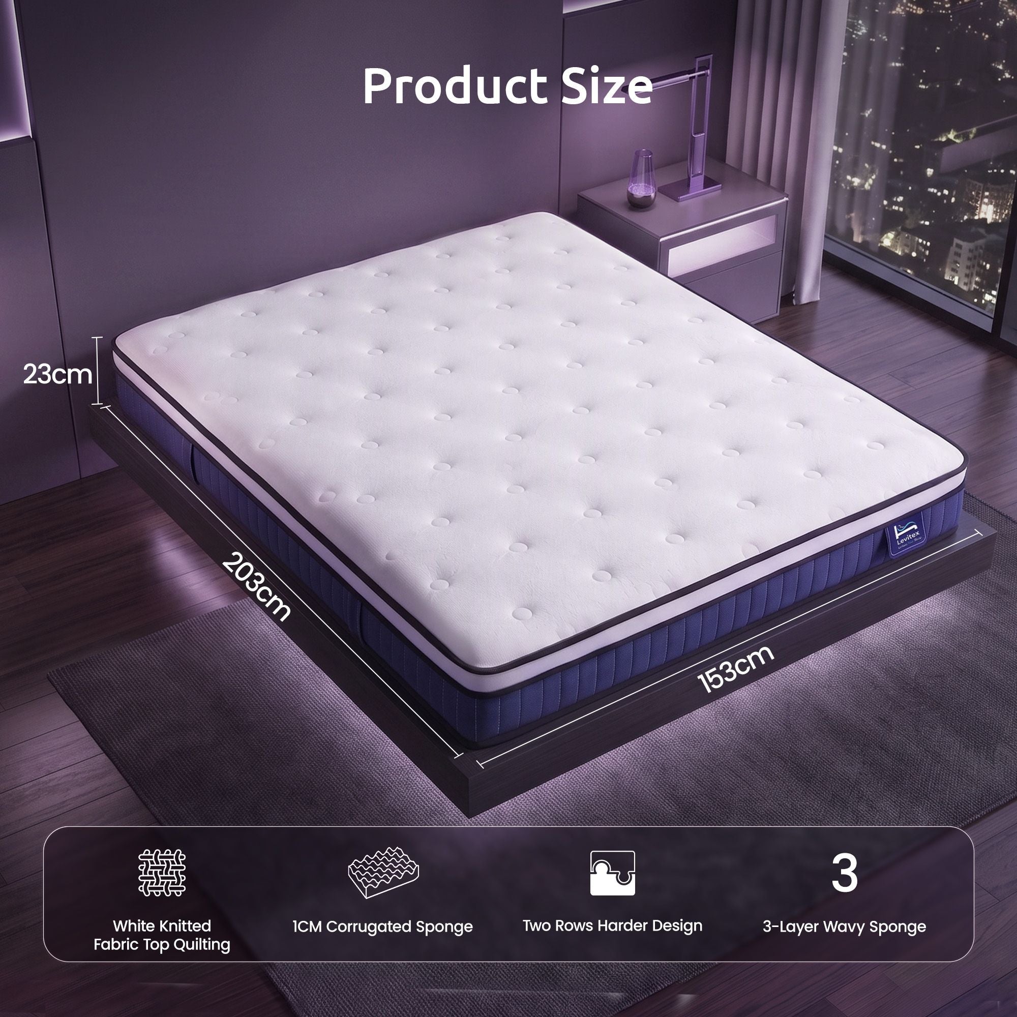 Queen 23cm Pocket Spring Mattress with Cooling Gel Foam, Medium-Firm Full-Body Support - White