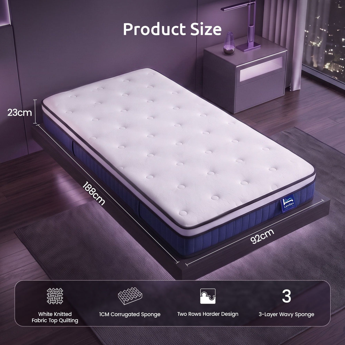 Single 23cm Pocket Spring Mattress with Cooling Gel Foam, Medium-Firm Support - White