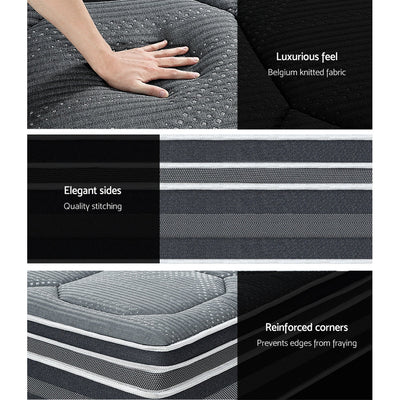 King Comfort Package | Platinum Series Dual Euro Top Mattress (Medium Firm) showing Belgium knitted fabric, stitched sides, and reinforced corners