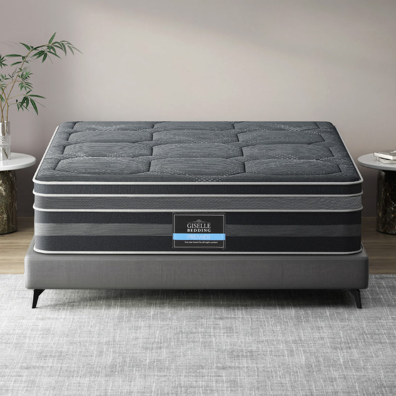 Platinum Series 7 Zone Dual Euro Top Mattress 35CM Thick - Queen in gray on gray bed frame with nightstands