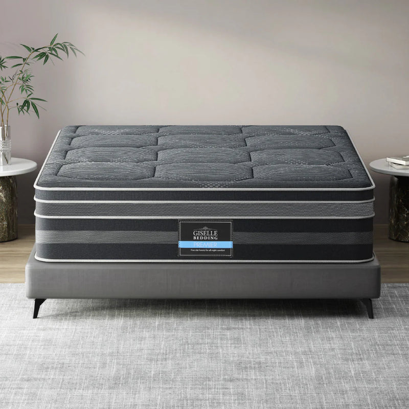 Queen Comfort Package | Platinum Series Dual Euro Top Mattress (Medium Firm) on gray platform bed in minimalist bedroom setting