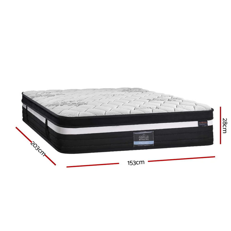 Queen Comfort Package | Regine Series Euro Top Mattress (Extra Firm) shown with black and white quilted design and dimensions.