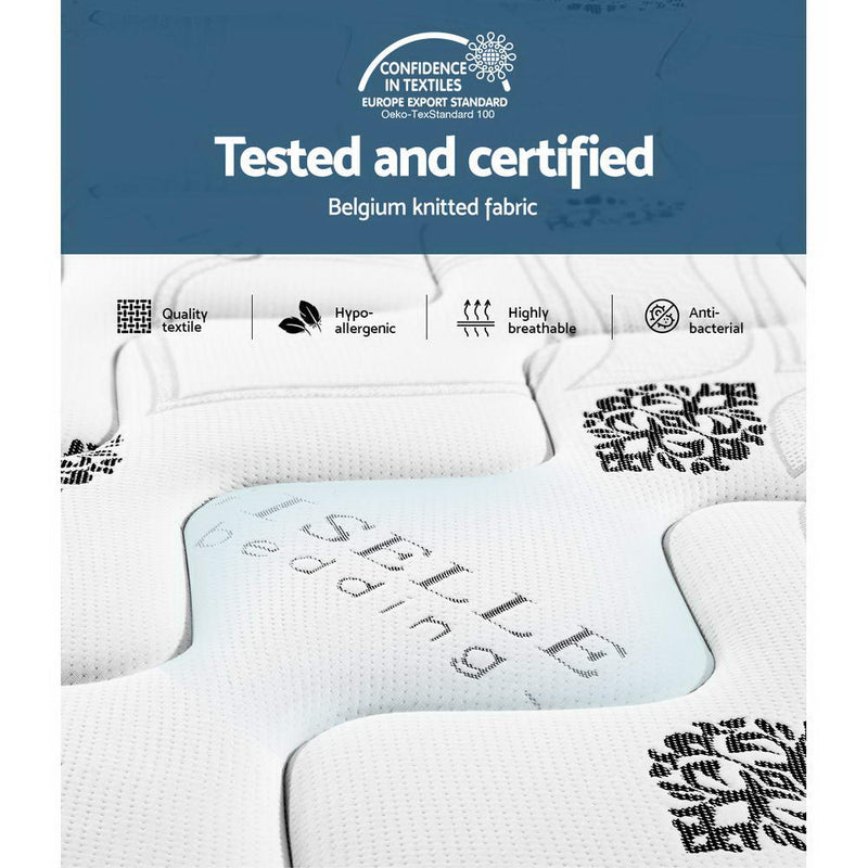 Close-up of Galaxy Euro Top Cool Gel Pocket Spring Mattress 35cm Thick - Queen showing certified Belgian knitted fabric with breathable, hypoallergenic, antibacterial features.