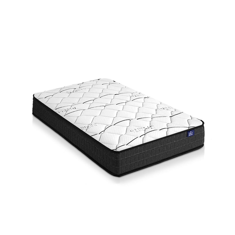 Glay Bonnell Spring Mattress 16cm Thick - Single with quilted white top and black base, shown on white background