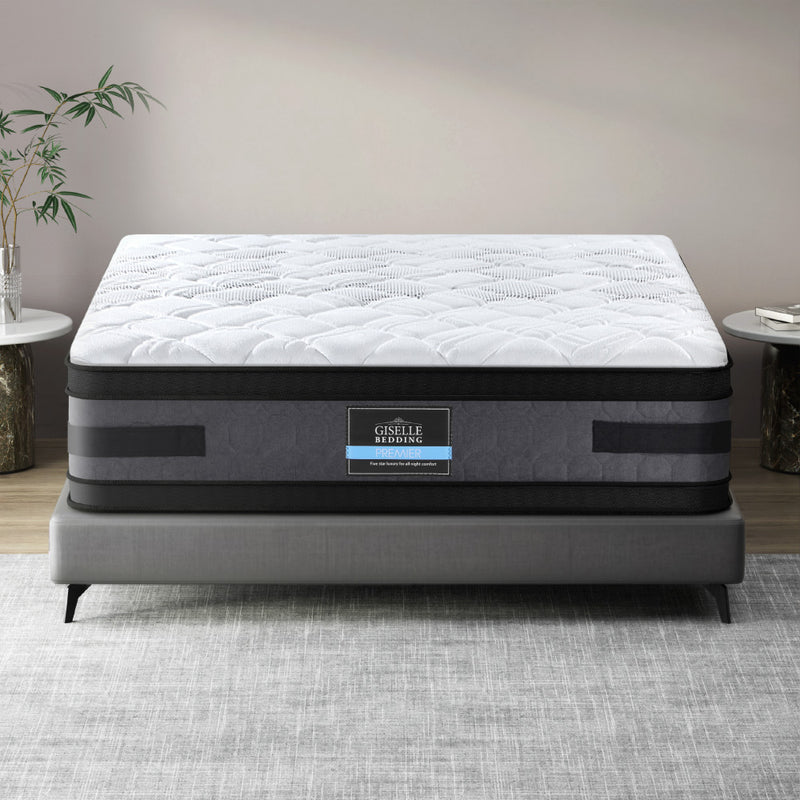 Luna Euro Top Cool Gel Pocket Spring Mattress 36cm Thick - King on gray bed frame with modern bedroom setup