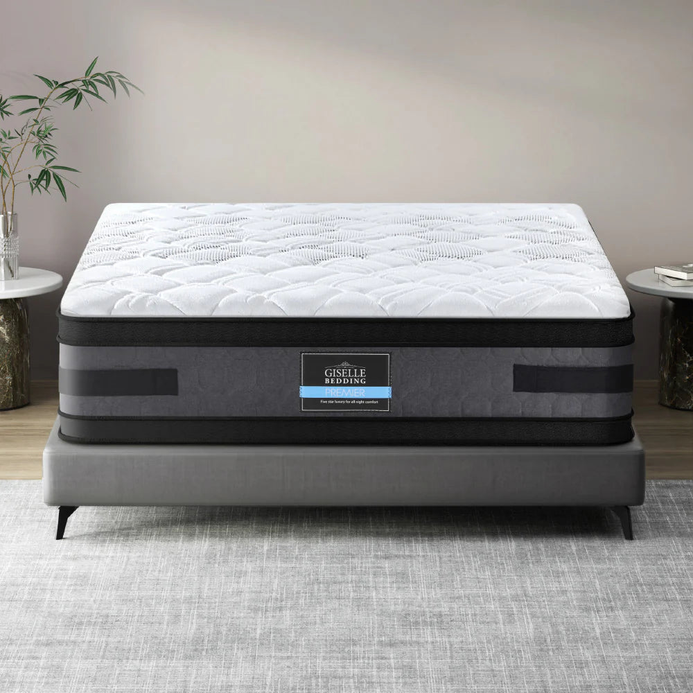 King Comfort Package | Luna Series Euro Top Mattress (Medium Firm) with pillowtop topper on gray upholstered bed frame