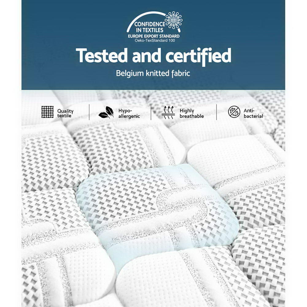 Close-up of Luna Euro Top Cool Gel Pocket Spring Mattress 36cm Thick - Queen showing knitted fabric texture with breathable, hypoallergenic and antibacterial features