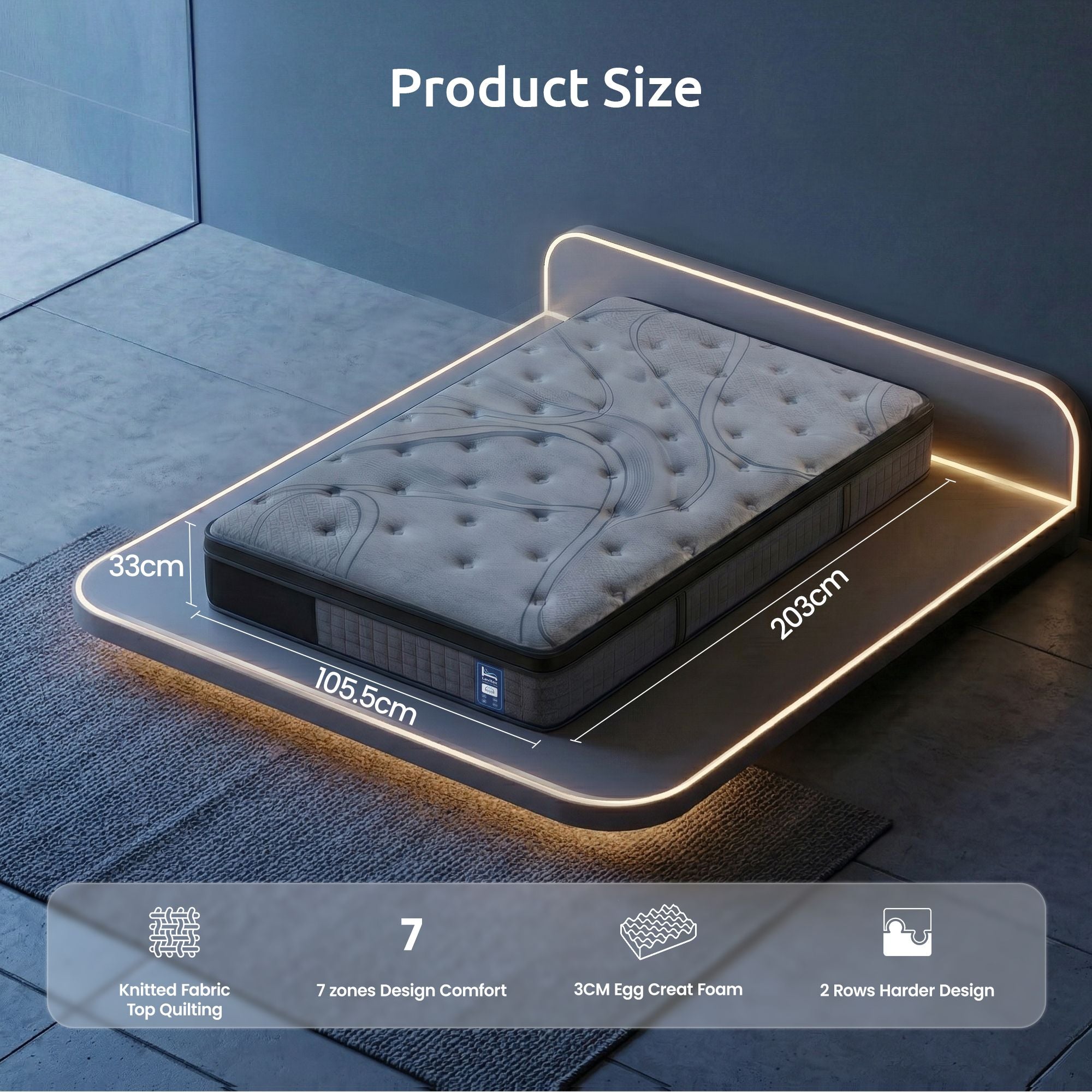 33 cm Mattress 8.0 Extra Firm 7-Zone Pocket Spring Mattress with Dual-Row Edge Support & Breathable Knit Cover King Single