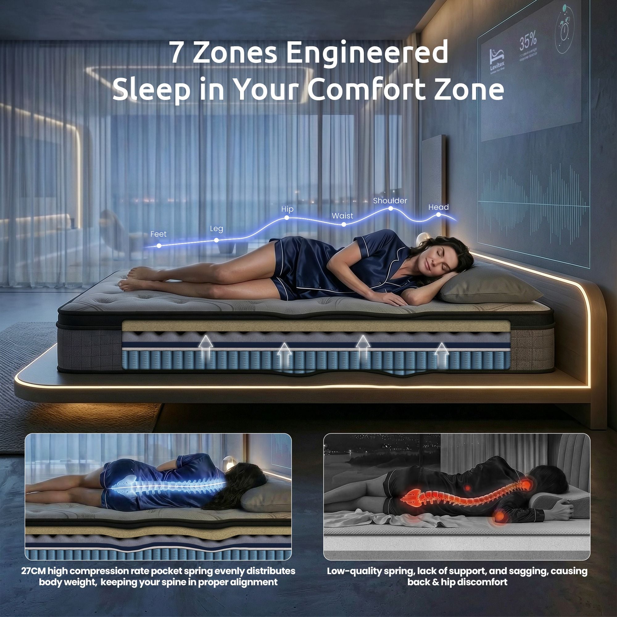 33 cm Mattress 8.0 Extra Firm 7-Zone Pocket Spring Mattress with Dual-Row Edge Support & Breathable Knit Cover King Single