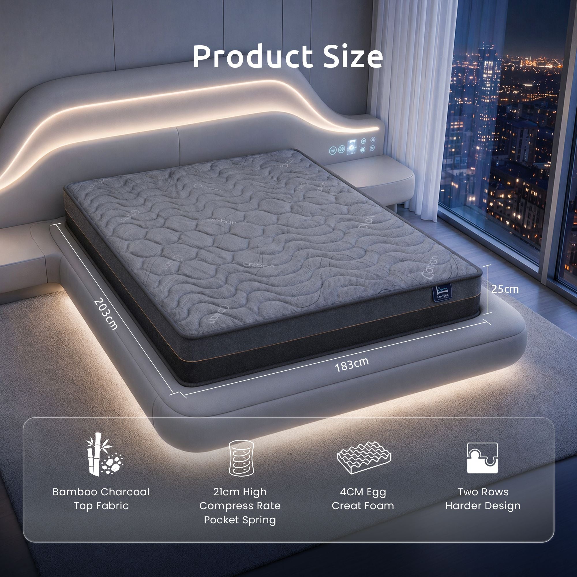 King Mattress 25 cm Hybrid Pocket Spring with 4cm Egg Crate Foam for Deep Sleep Bamboo Charcoal Fabric
