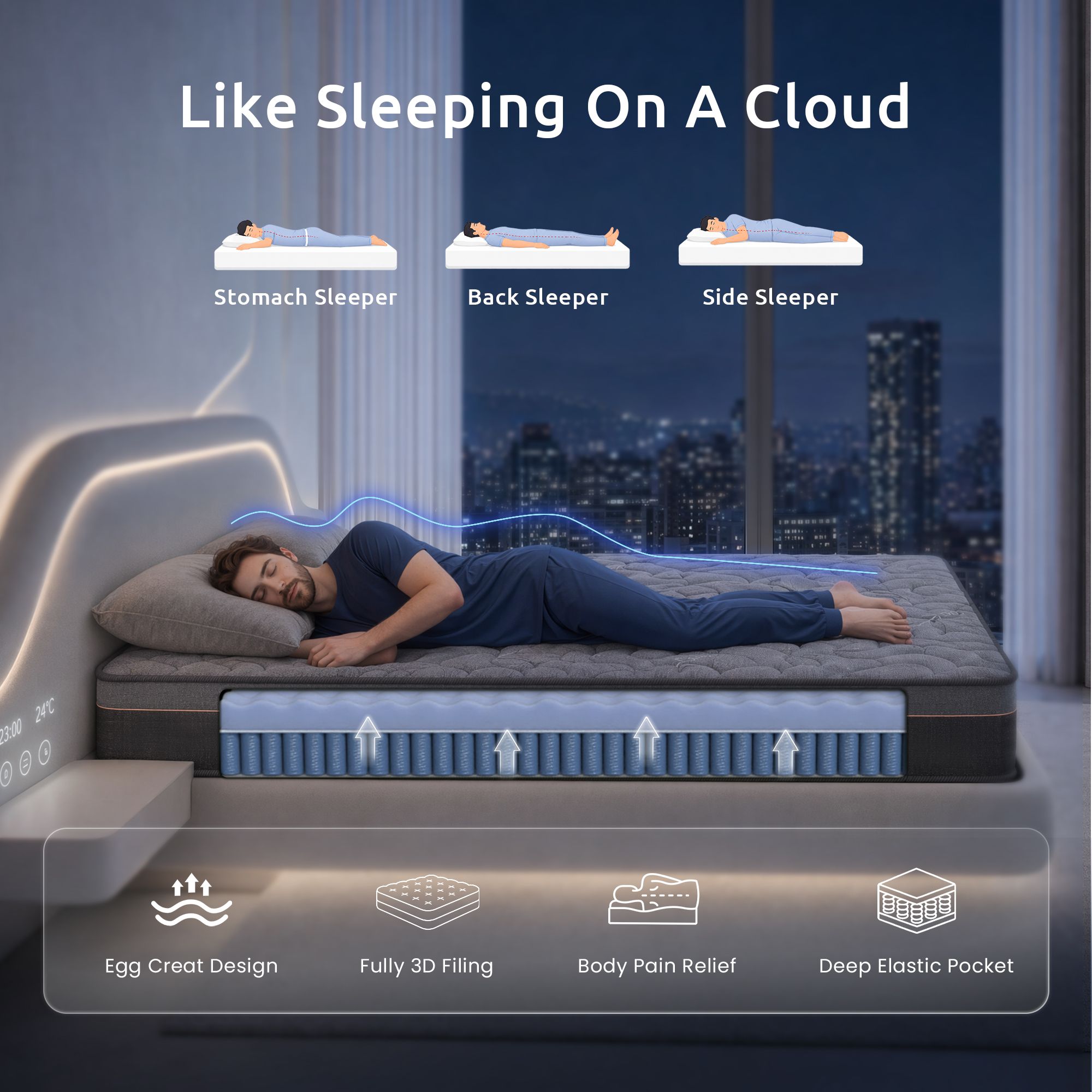 King Mattress 25 cm Hybrid Pocket Spring with 4cm Egg Crate Foam for Deep Sleep Bamboo Charcoal Fabric