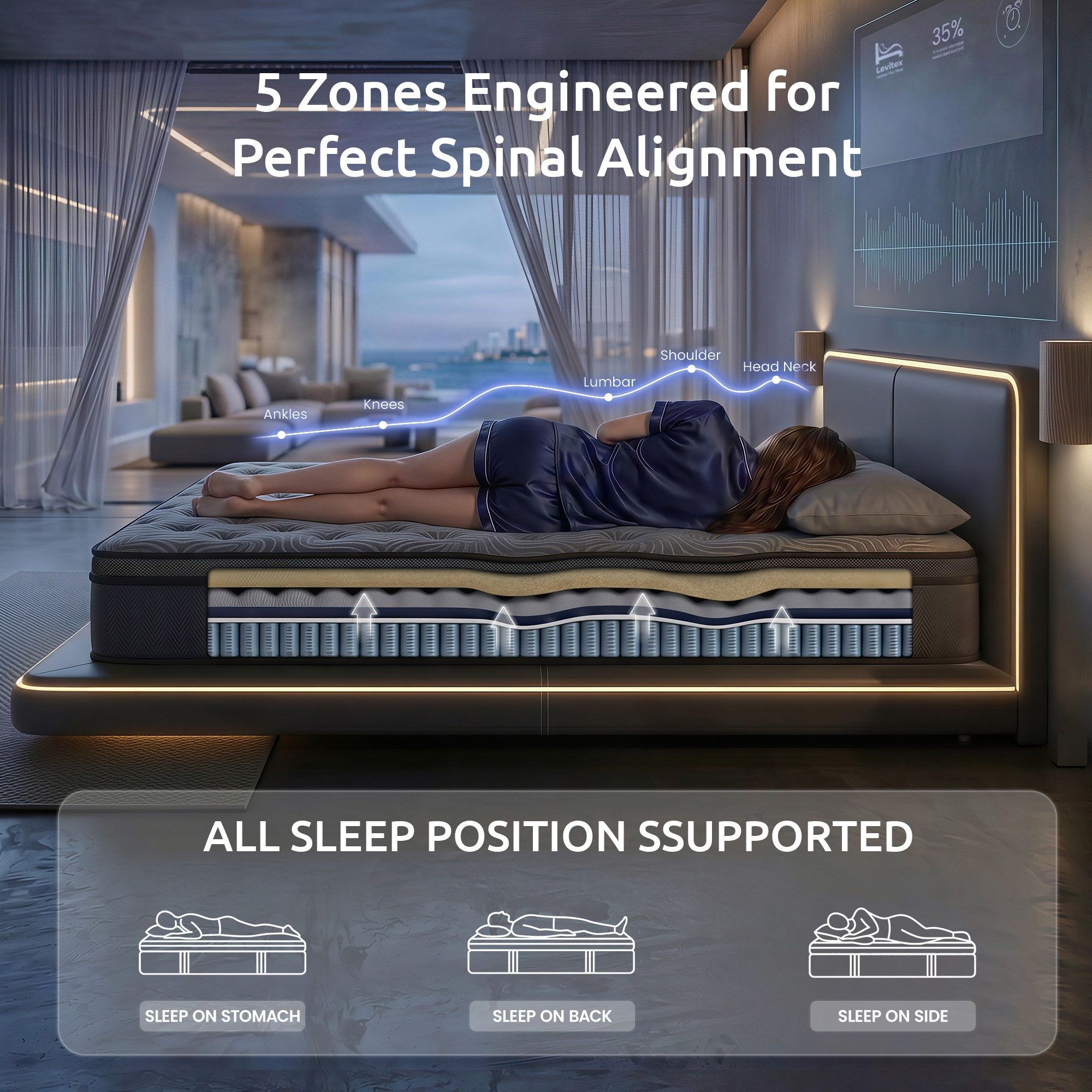 34 cm Double Pocket Spring Hybrid Mattress with 5-Zone Pressure Relief & Reinforced Edge Support - Grey