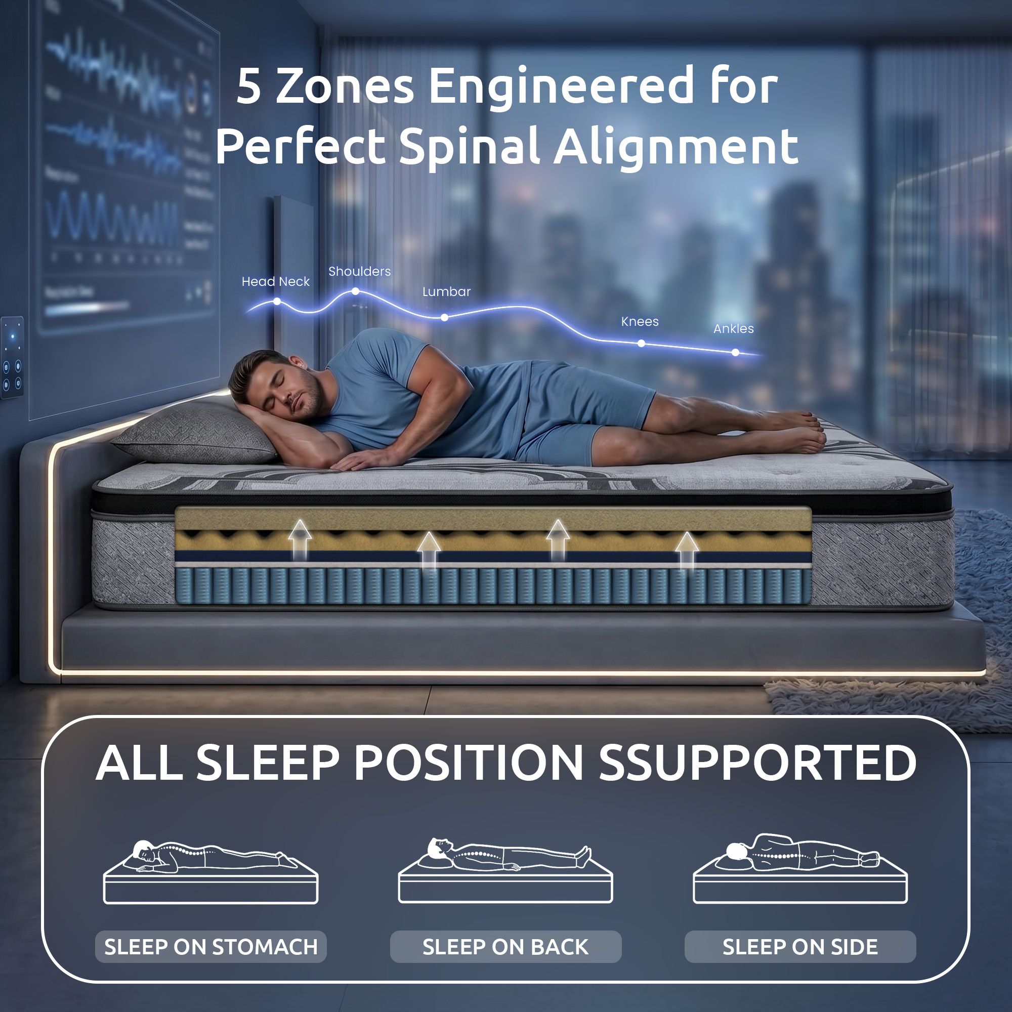 5-Zone Pocket Spring Mattress with Latex & Memory Foam 7.5 Firm Hybrid Mattress for Extra Lumbar & Shoulder Support 34 cm Thickness Double