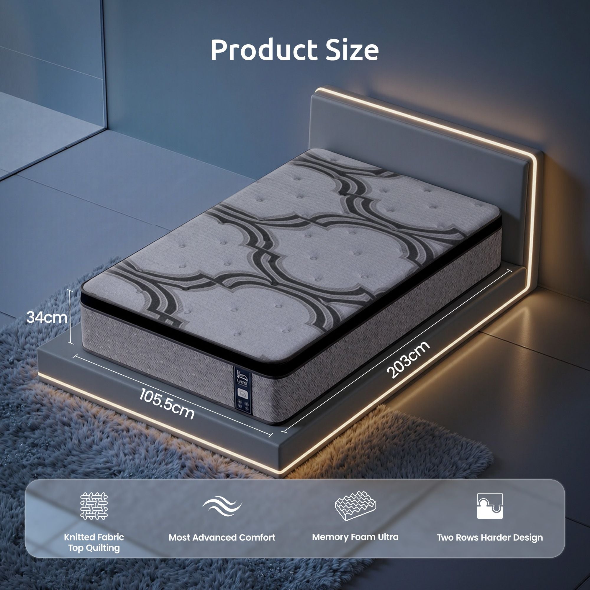 5-Zone 7.5 Firm Hybrid Pocket Spring Mattress with Latex & Memory Foam 34cm King Single - Grey