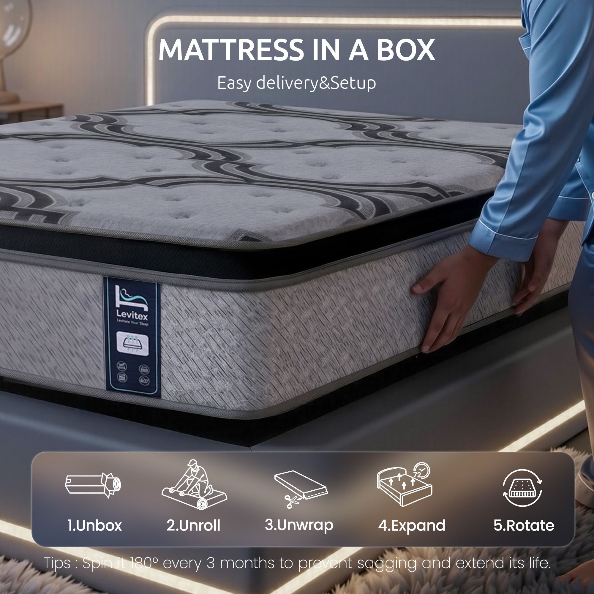 5-Zone 7.5 Firm Hybrid Pocket Spring Mattress with Latex & Memory Foam 34cm King Single - Grey