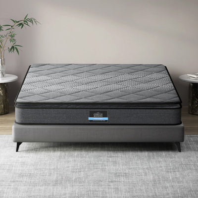 Ella Series Pillow Top Mattress 18CM Thick - Double with gray quilted surface on modern bed frame in bedroom setting