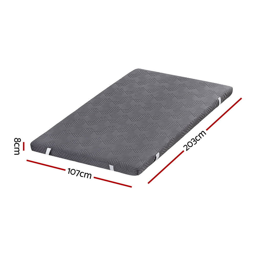 8cm Memory Foam Mattress Topper Gel Dual Layer Foam Bamboo King Single in gray with textured cover and elastic straps
