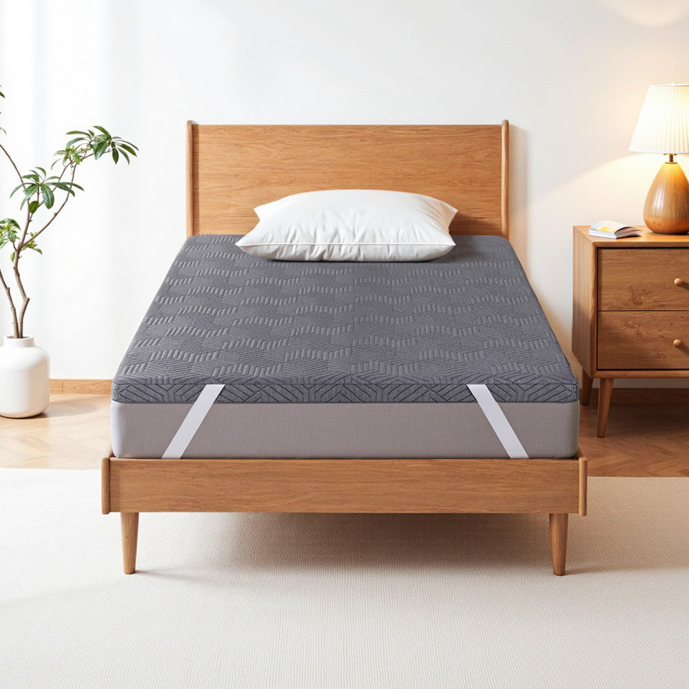 8cm Memory Foam Mattress Topper Gel Dual Layer Foam Bamboo King Single on wooden bed frame with white pillow in bedroom setting