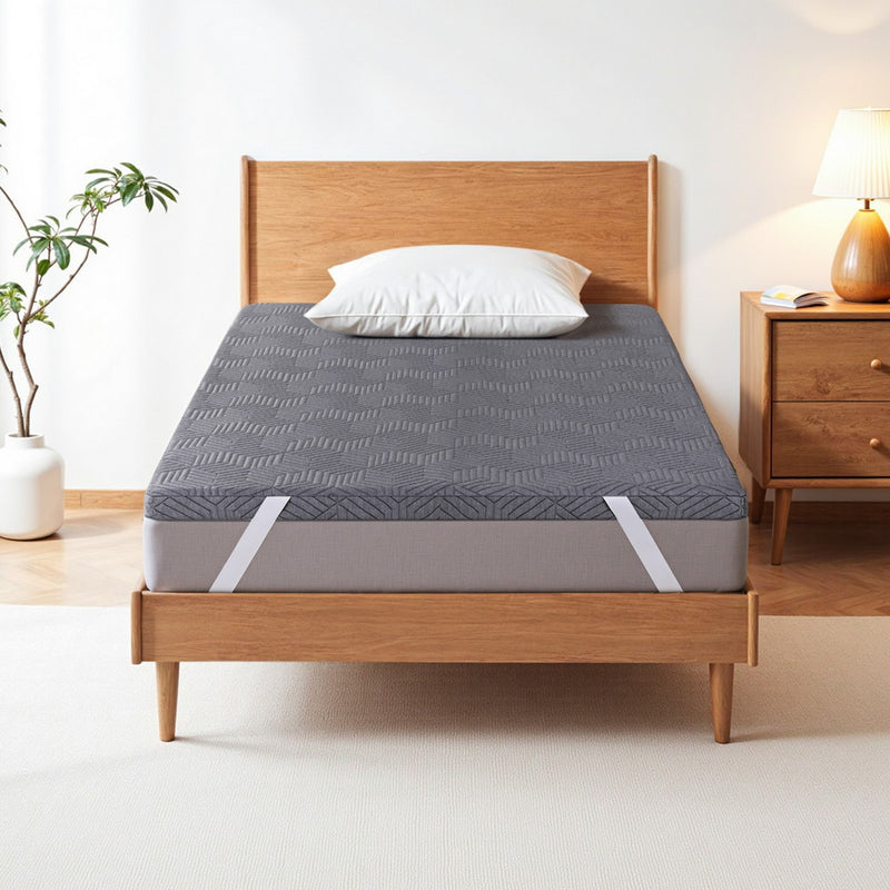 8cm Memory Foam Mattress Topper Gel Dual Layer Foam Bamboo King Single on wooden bed frame with white pillow in bedroom setting