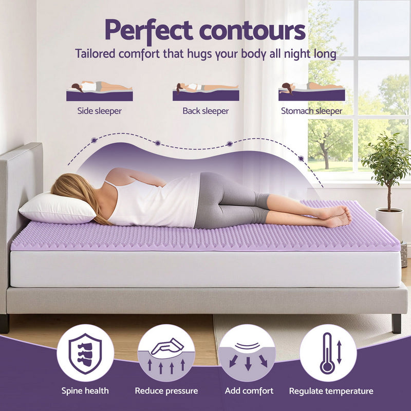 5cm Memory Foam Mattress Topper Lavender Infused Egg Crate Pad Mat Single on bed showing contour support for all sleep positions