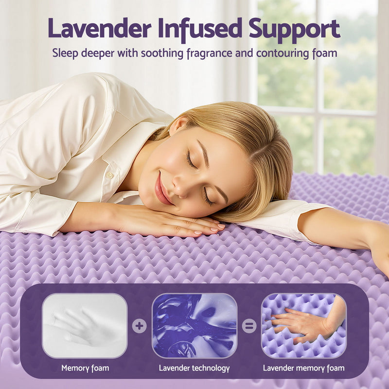 Woman resting on lavender egg crate foam showing memory foam and lavender technology for 5cm Memory Foam Mattress Topper Lavender Infused Egg Crate Pad Mat Single