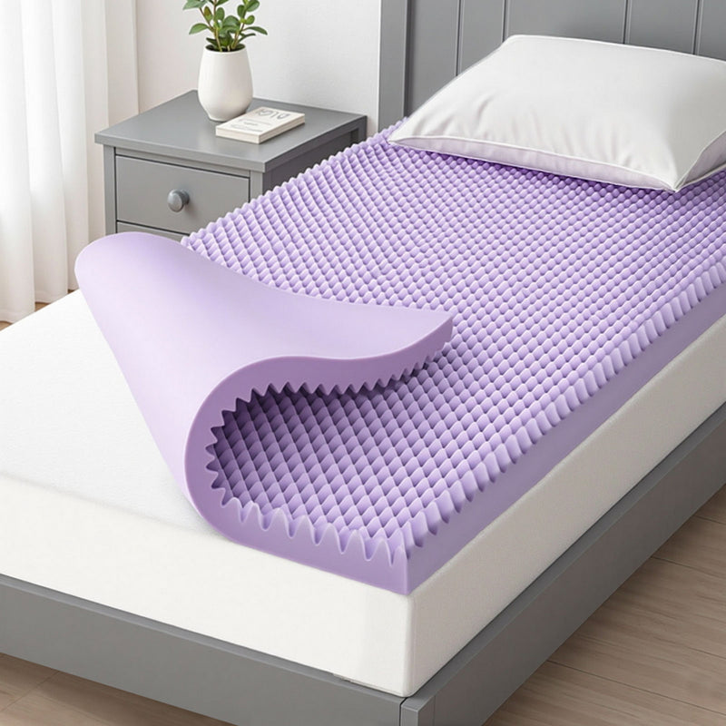 5cm Memory Foam Mattress Topper Lavender Infused Egg Crate Pad Mat Single on bed in bedroom setting with pillow and nightstand